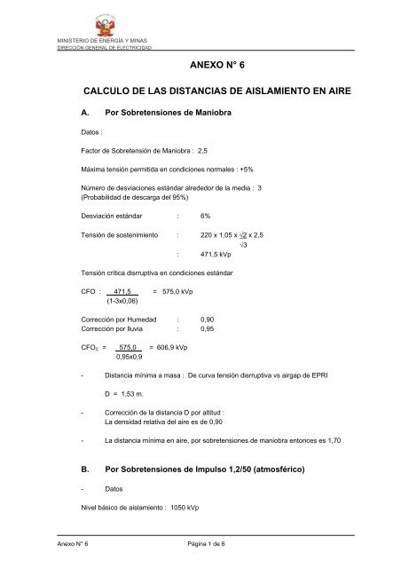 ANEXO N° 6 CALCULO DE LAS DISTANCIAS DE AISLAMIENTO ...