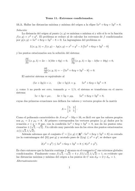 Tema 11.–Extremos condicionados. 11.1. Hallar las distancias - dmaii