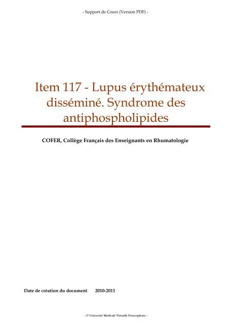 Item 117 Lupus érythémateux disséminé. Syndrome des ...