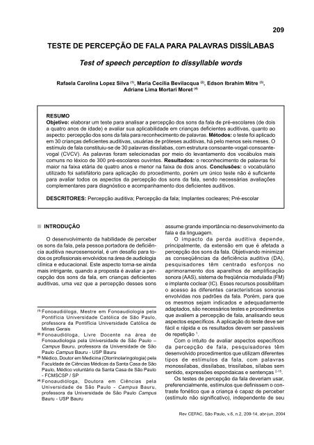 TESTE DE PERCEPÇÃO DE FALA PARA PALAVRAS ... - CEFAC