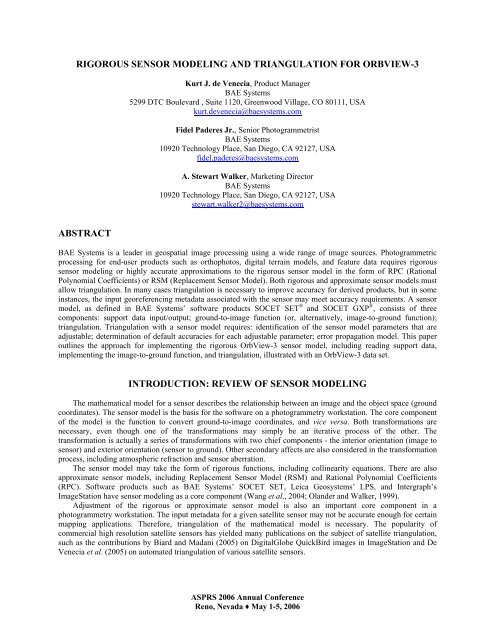 Rigorous Sensor Modeling and Triangulation for OrbView-3 - asprs