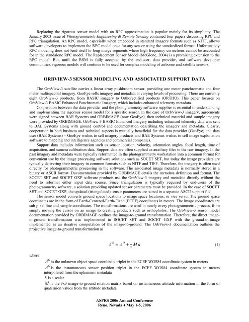 Rigorous Sensor Modeling and Triangulation for OrbView-3 - asprs