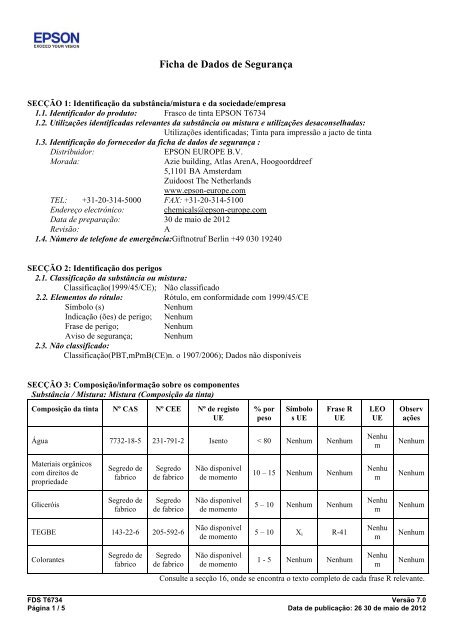 Ficha de Dados de Segurança - Epson Europe