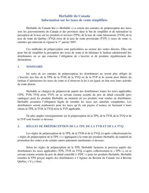 Herbalife Du Canada Information Sur Les Taxes De Vente Simplifiees