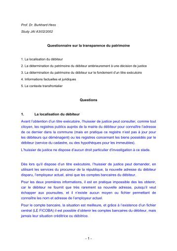 - 1 - Questionnaire sur la transparence du patrimoine Questions 1 ...