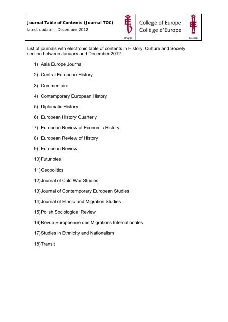 List of journals with electronic table of contents in History, Culture ...