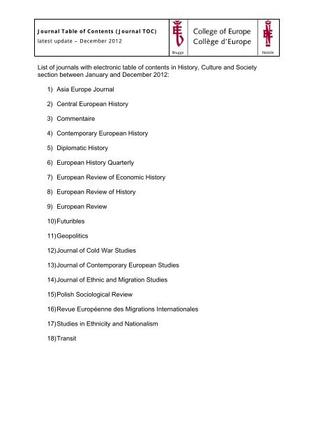 List of journals with electronic table of contents in History, Culture ...