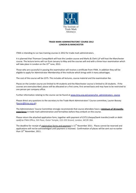 Trade Mark Administrators Course 2012 London Itma