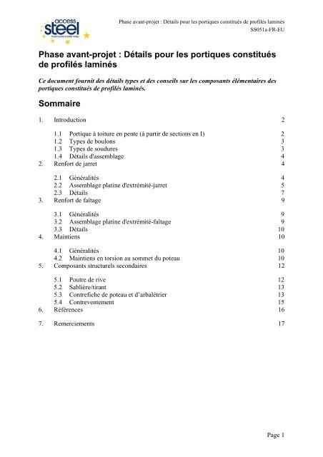 Phase avant-projet : Détails pour les portiques constitués de ... - cticm