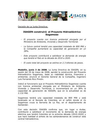 ISAGEN construirá el Proyecto Hidroeléctrico Sogamoso