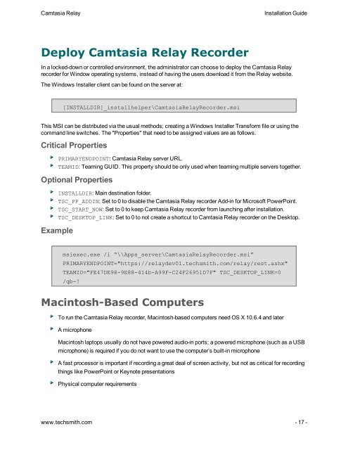 Camtasia Relay Documentation Library (PDF) - TechSmith
