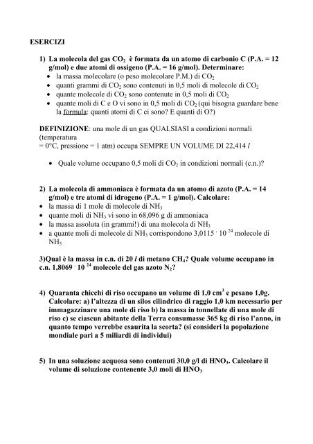 ESERCIZI 1) La molecola del gas CO2 è formata ... - Laura Damiani