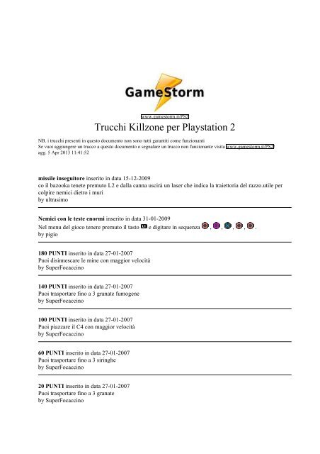 Trucchi Killzone per Playstation 2 - Gamestorm