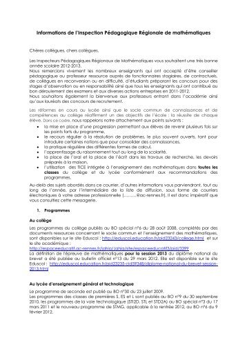 Lettre de rentrée des IA-IPR - Espace Educatif - Rennes