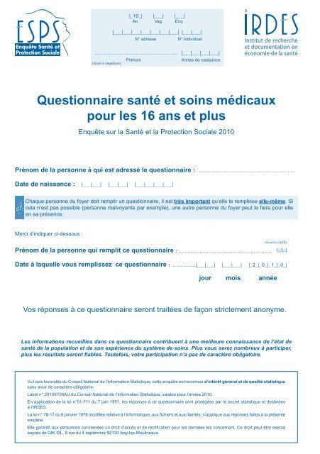 Questionnaire santé et soins médicaux pour les 16 ans et plus ...