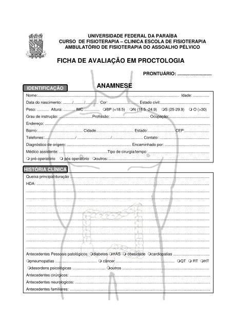 Ficha de Anamnese - Exemplo de Ficha de Anamnese, relata sobre um homem com  a doença