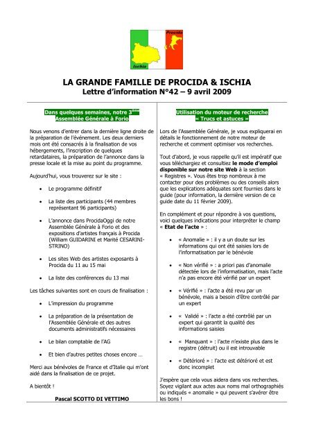 Lettre d'information - La Grande Famille de Procida & Ischia