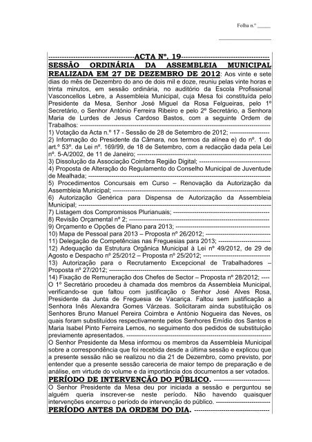 Acta Nº 19 Assembleia - 27-12-2012 - Câmara Municipal de Mealhada