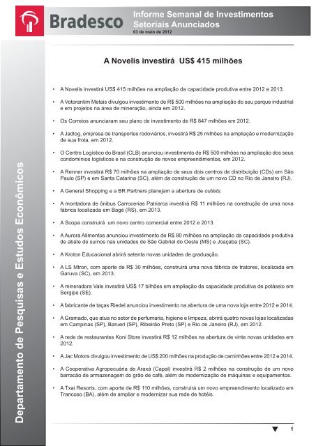 Informe Semanal de Investimentos Setoriais ... - Economia em Dia