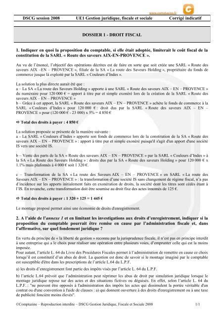 Corrigé DSCG - Gestion juridique fiscale et sociale 2008 - Comptazine