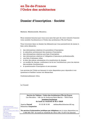 Dossier d'inscription sociétés - Ordre des architectes en Ile-de-France