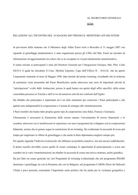 Relazione all'incontro presso il Ministero Affari esteri in previsione ...