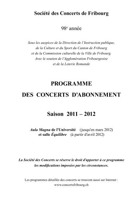 Libretto de la saison 2011-2012 - Société des Concerts de Fribourg