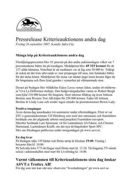 Pressrelease Kriterieauktionens andra dag - ASVT