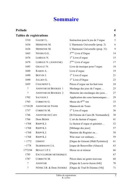 Tables de registrations pour la musique d'orgue - Werner Icking ...