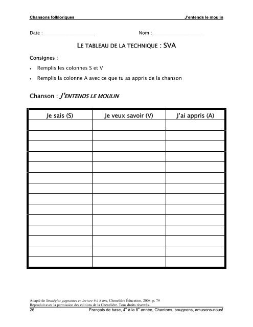 Français de base de la 4e à la 8e année, chantons, bougeons ...