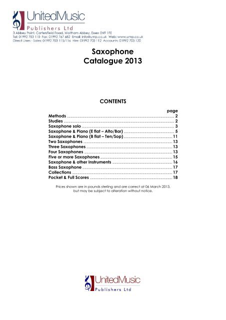 Saxophone Catalogue 13 United Music Publishers