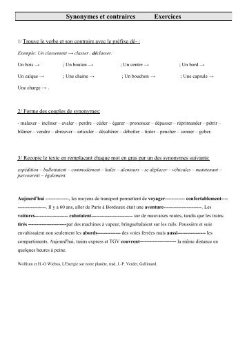 Exercices de vocabulaire cm2- cycle 3 Synonymes ... - Pass Education