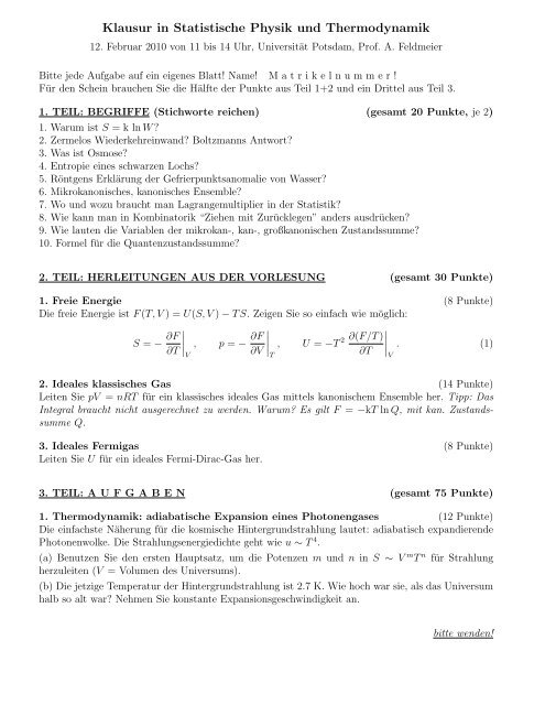 Klausur In Statistische Physik Und Thermodynamik - 