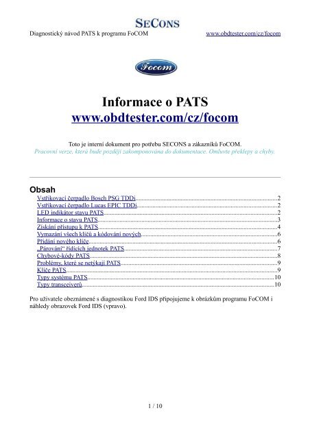 Diagnostický návod PATS k programu FoCOM - Auto diagnostics