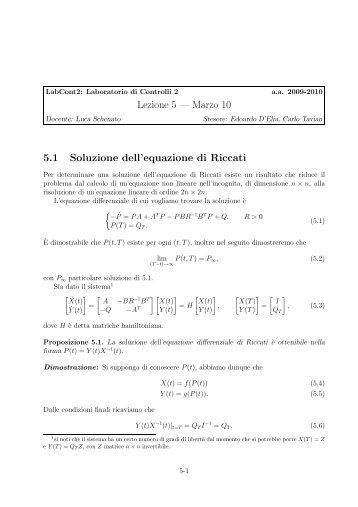 Lezione 5 — Marzo 10 5.1 Soluzione dell'equazione di ... - Automatica