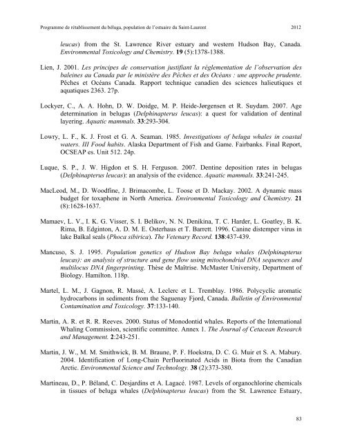 Programme de rétablissement du béluga - BAPE - Gouvernement ...