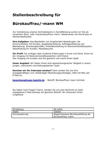 Stellenbeschreibung für Bürokauffrau - ZEGO Promotion