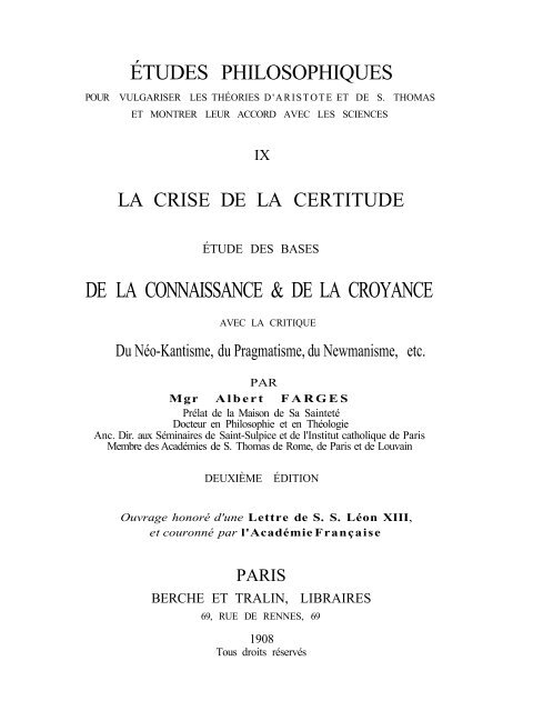 DE LA CONNAISSANCE & DE LA CROYANCE - Thomas d'Aquin en ...