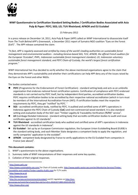 WWF Questionnaire to Certification Standard Setting Bodies ...