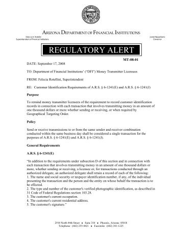 REGULATORY ALERT - Arizona Department of Financial Institutions