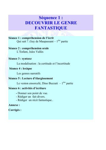 Séquence 1 : DECOUVRIR LE GENRE FANTASTIQUE - onefd