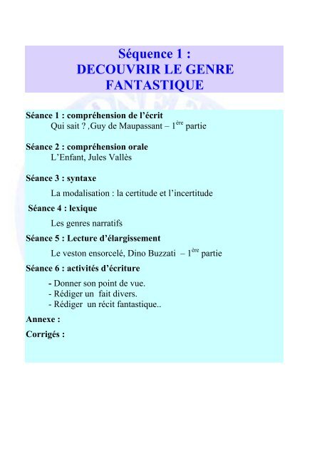 Séquence 1 : DECOUVRIR LE GENRE FANTASTIQUE - onefd