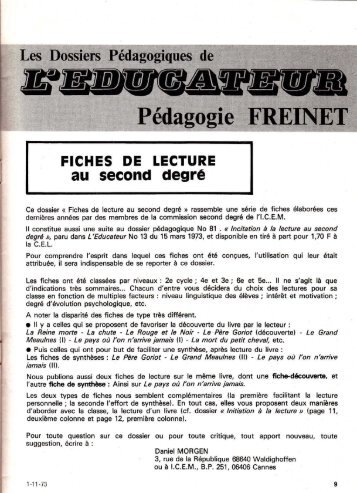 Dossier pédagogique : Fiches de lecture au second degré - Icem