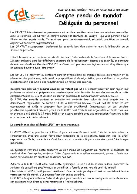 Compte Rendu De Mandat Delegues Du Personnel Cfdt Thales