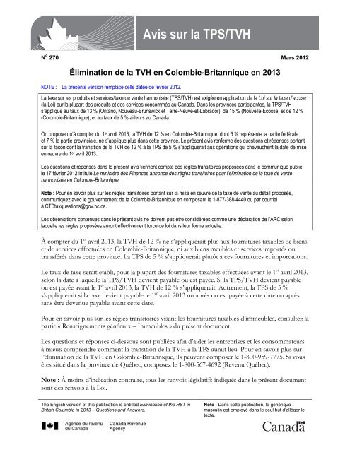 Avis Sur La Tps Tvh Agence Du Revenu Du Canada
