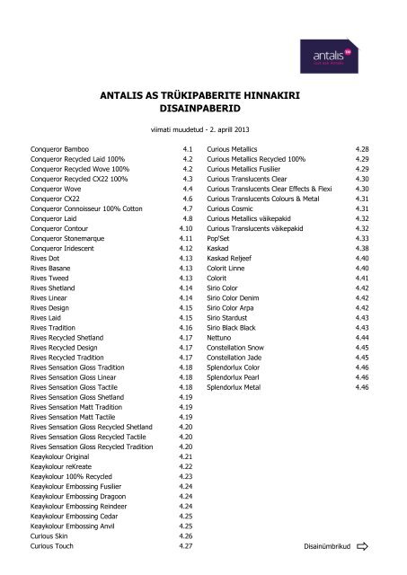 ANTALIS AS TRÜKIPABERITE HINNAKIRI DISAINPABERID