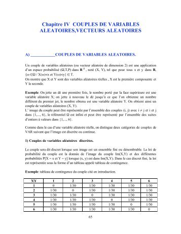 Chapitre IV COUPLES DE VARIABLES ALEATOIRES,VECTEURS ...