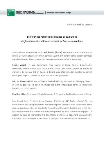 Communiqué de presse BNP Paribas renforce les équipes de sa ...