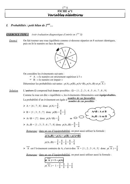 FICHE n°1 Variables aléatoires Variables aléatoires I. Probabilités ...