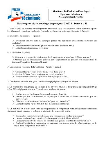 Physiologie et physiopathologie du plongeur Coeff. 4 : Durée 1 h 30 ...